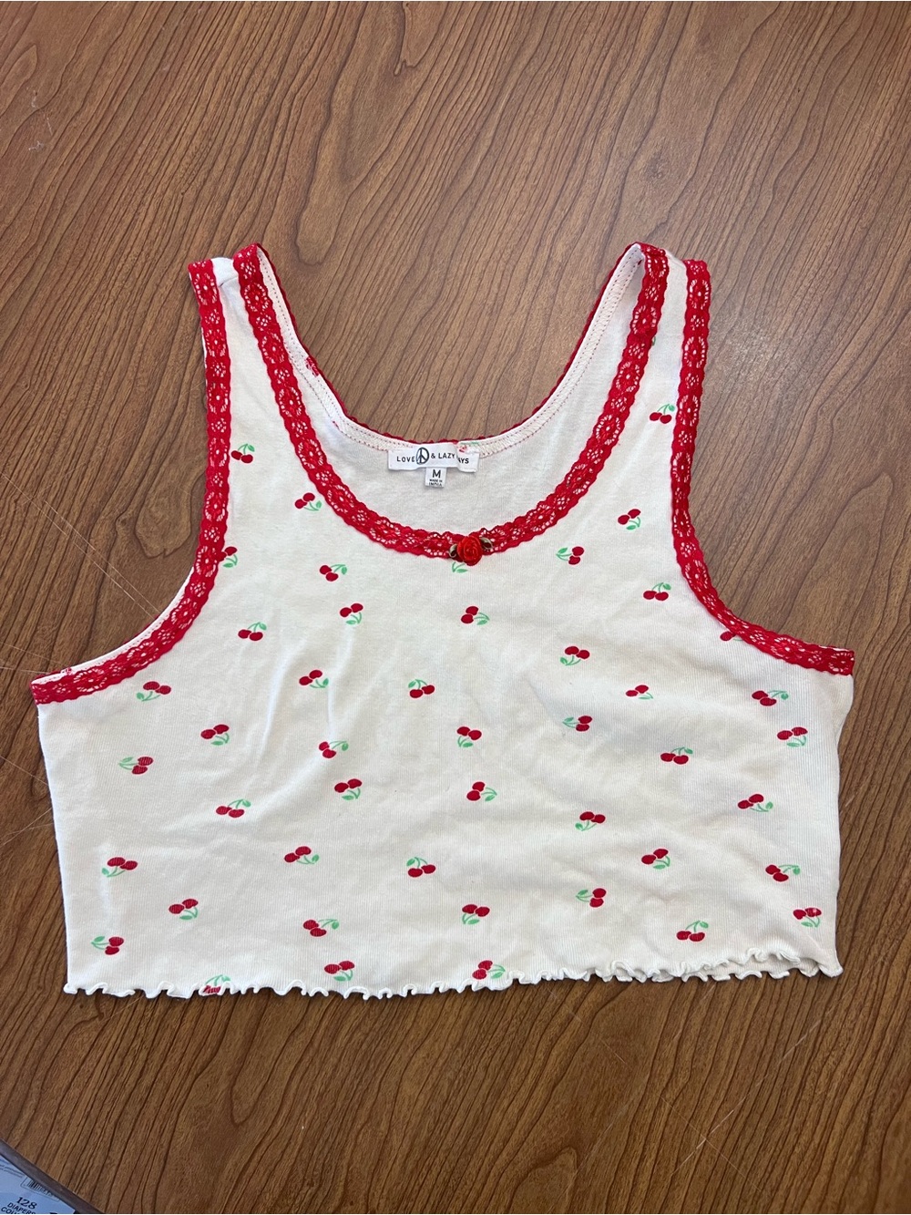 Love Peace & Lazy Days Off White Cherry-Print Cropped Tank w/ Red Lace Rose SZ M